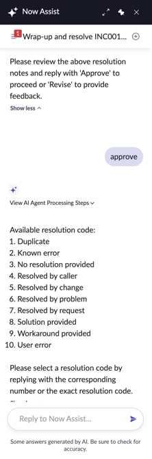 Wrap-up and resolve incident agentic workflow resolution code selection output in Now Assist panel.