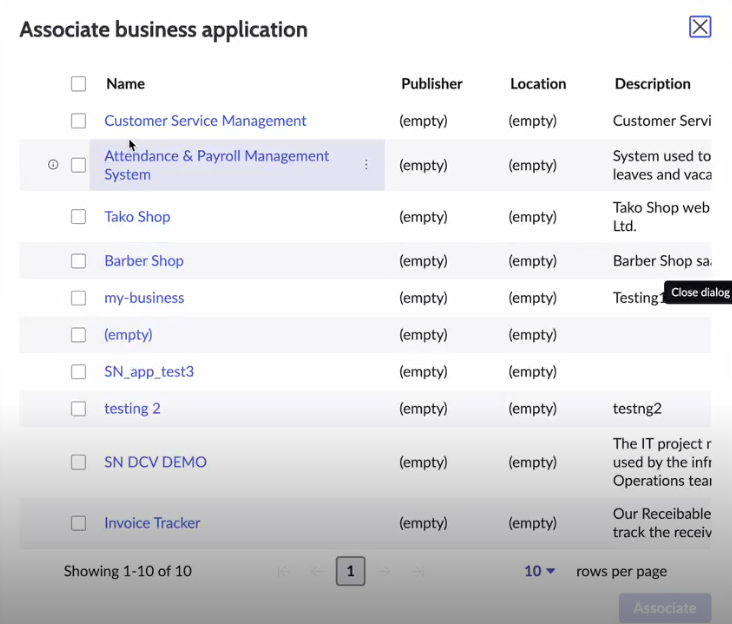 Associate business application dialog box