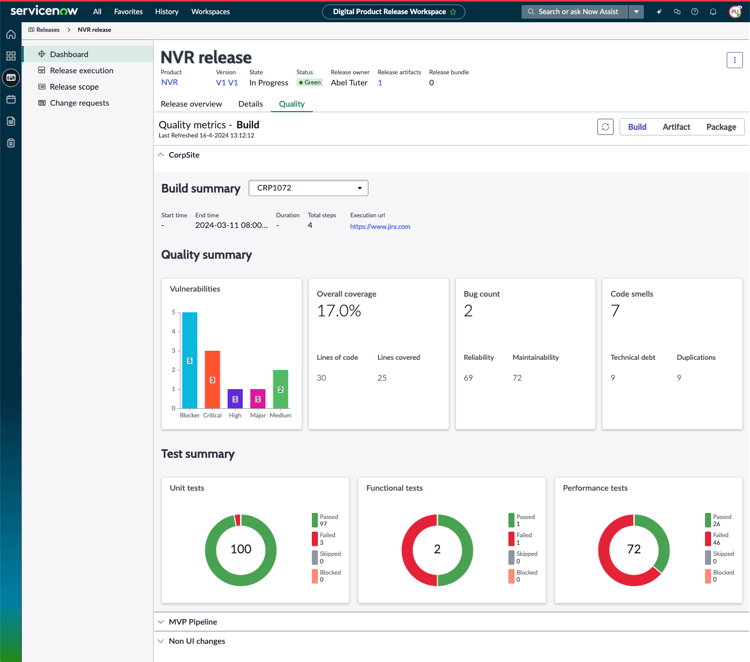 Animated gif showing Build, Artifact, and Package tabs on the Release Quality dashboard.