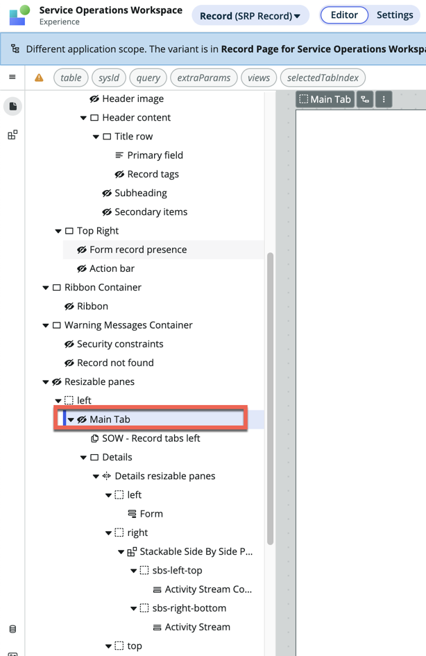 Callout for the location of the Main Tab option in SRP record.