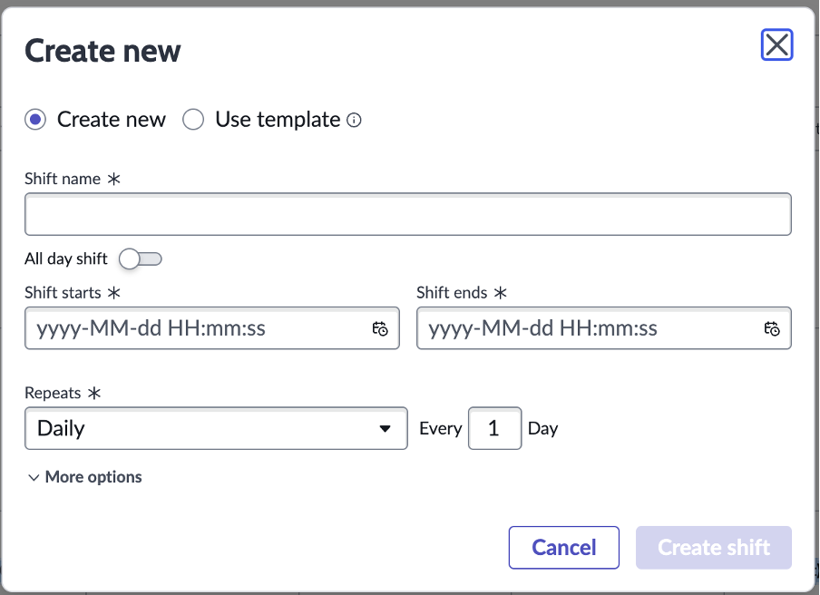 Create shift form