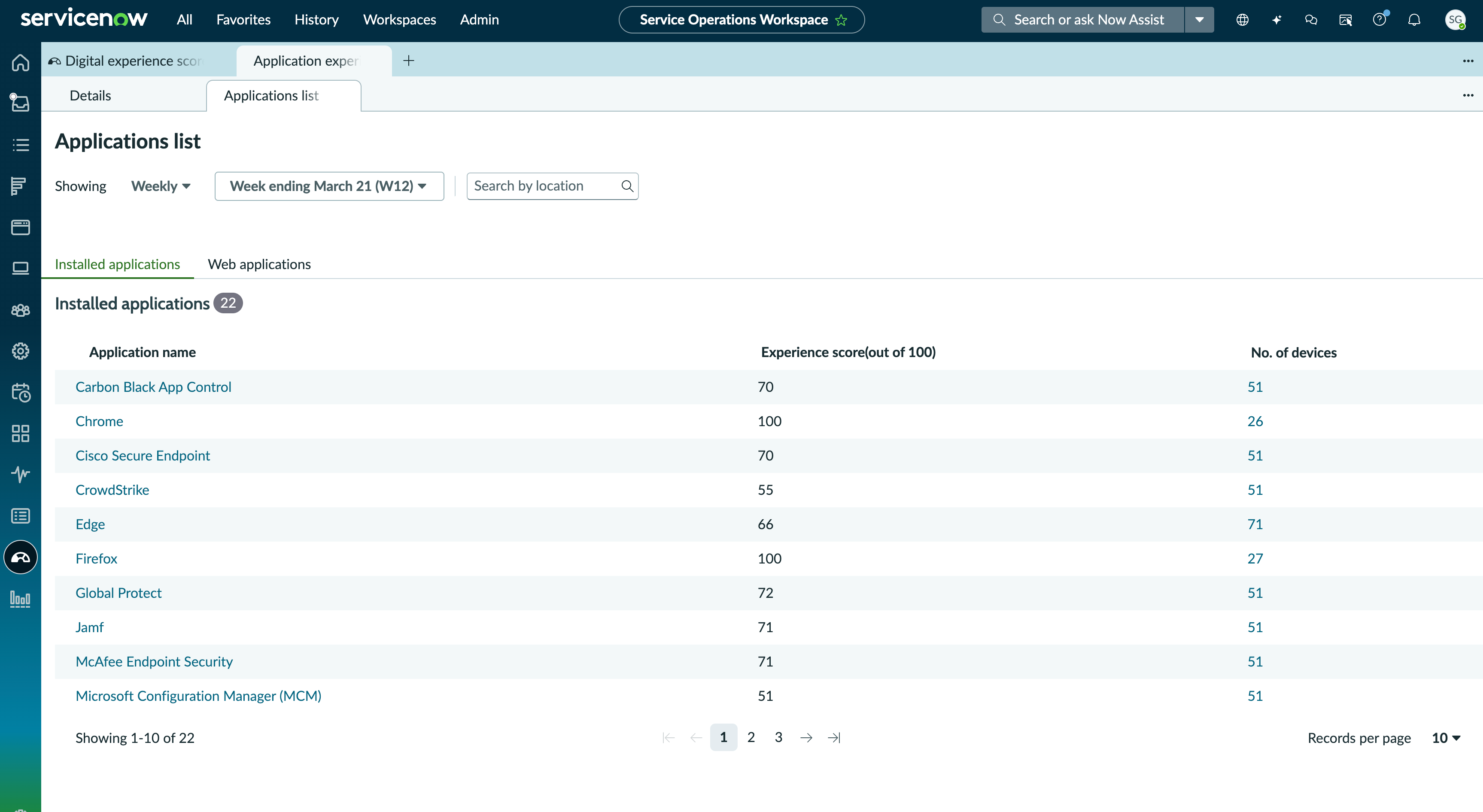 Applications list page displaying the installed and web applications, application experience scores, and the number of devices on which applications are installed.