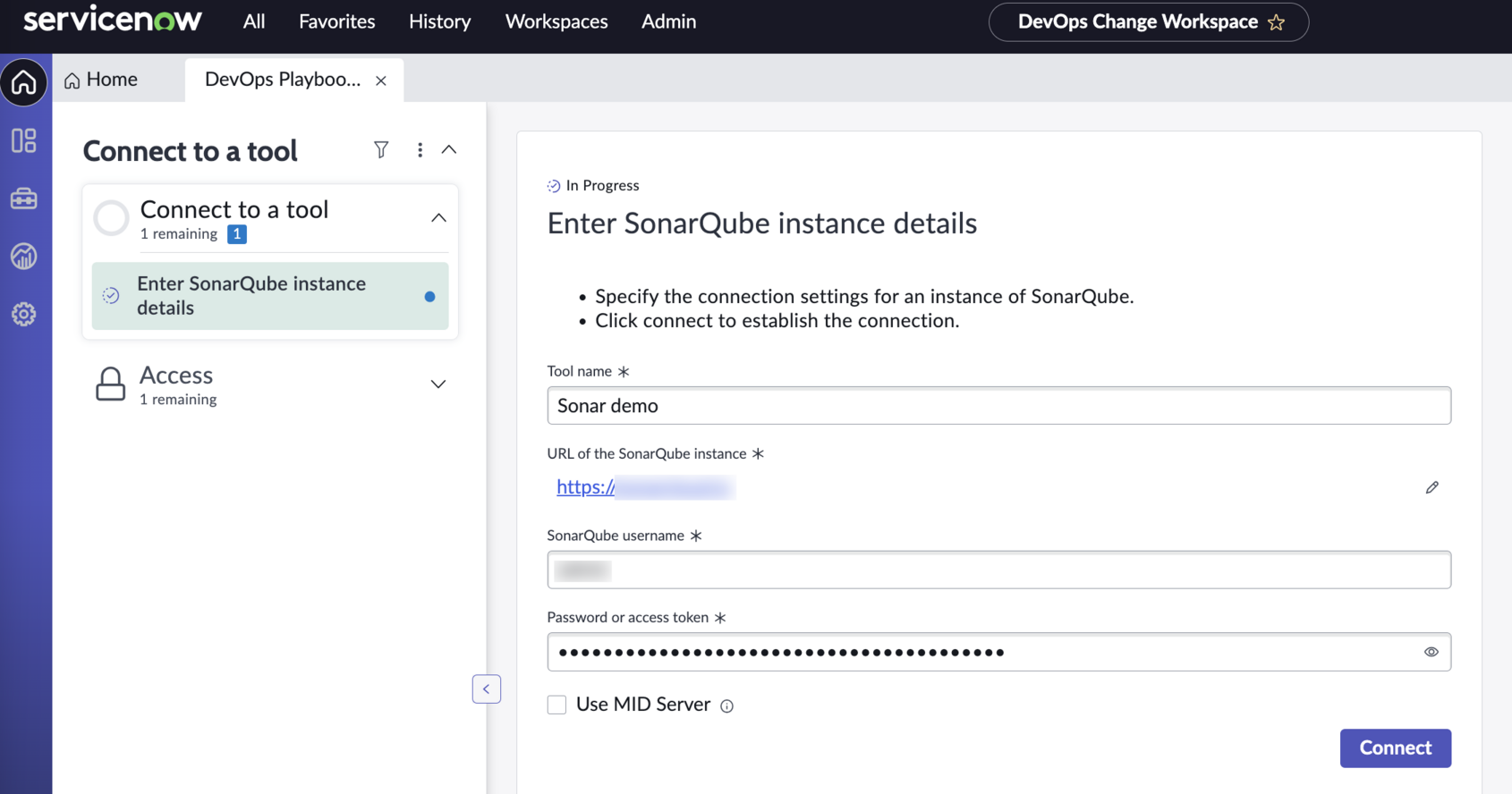 Connect to SonarQube instance in DevOps Change workspace.