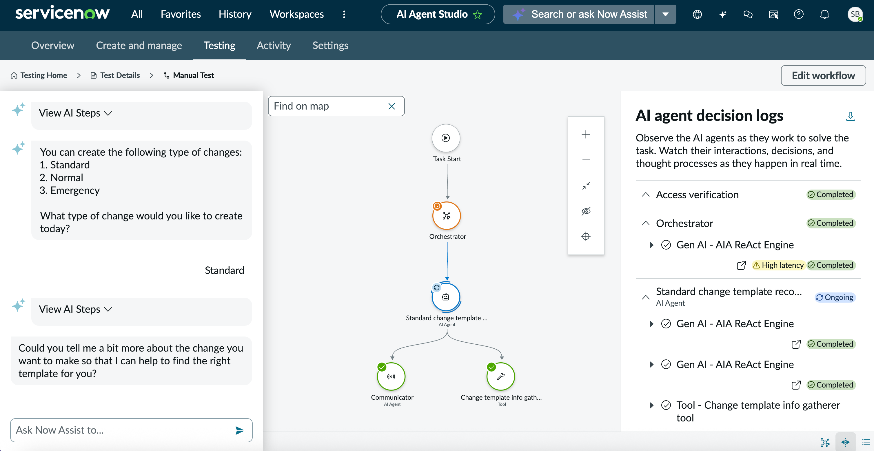 Create standard change request agentic workflow output in ServiceNowAI Agent Studio.