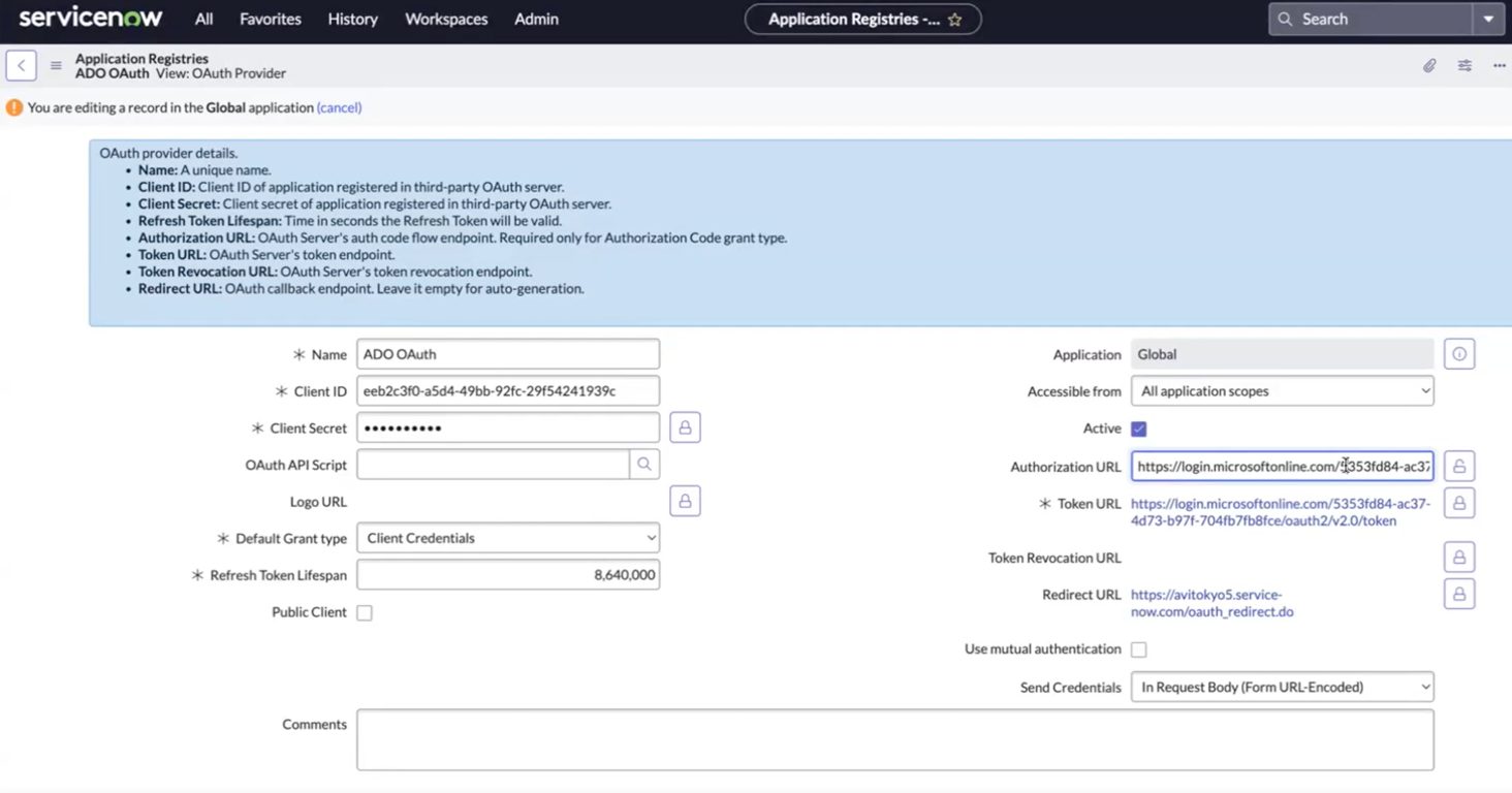 ADO OAuth app registry page