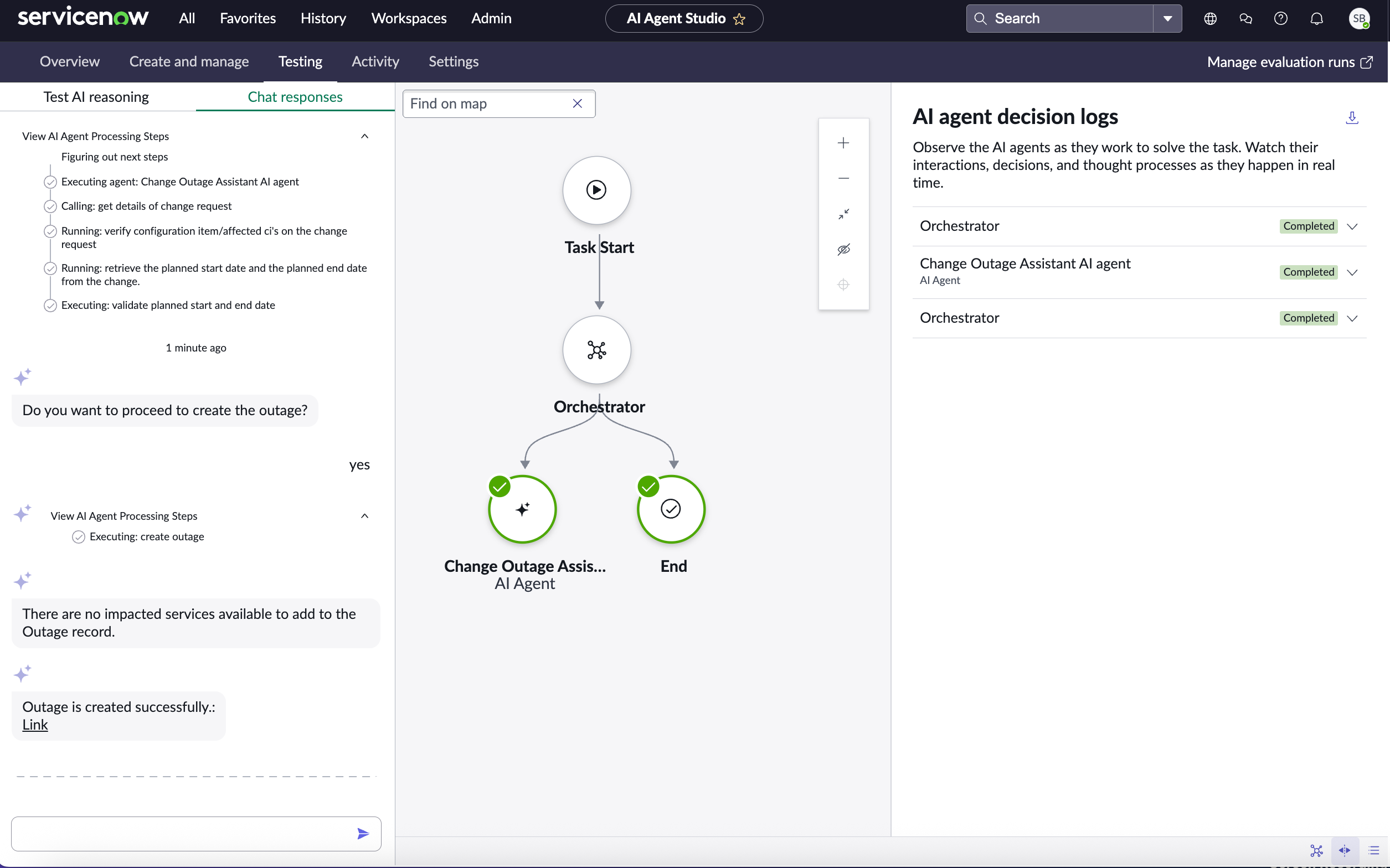 Create outages for a change request agentic workflow output in ServiceNowAI Agent Studio.