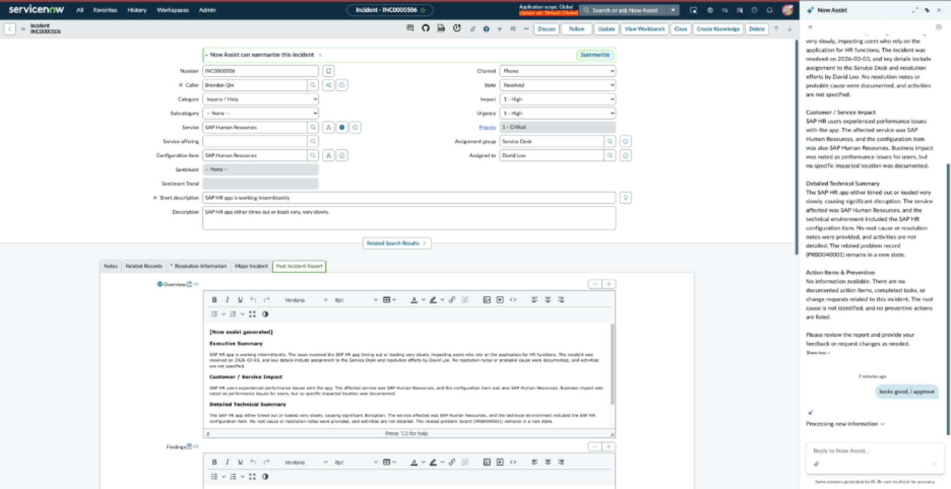 Post Incident Workflow in Now Assist panel for Core UI