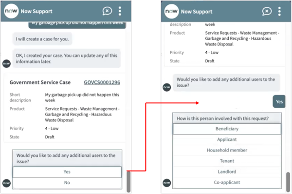 Bate-papo do Now Support mostrando o fluxo de trabalho para adicionar membros a um caso de serviço do governo usando as sugestões de bate-papo do Virtual Agent.