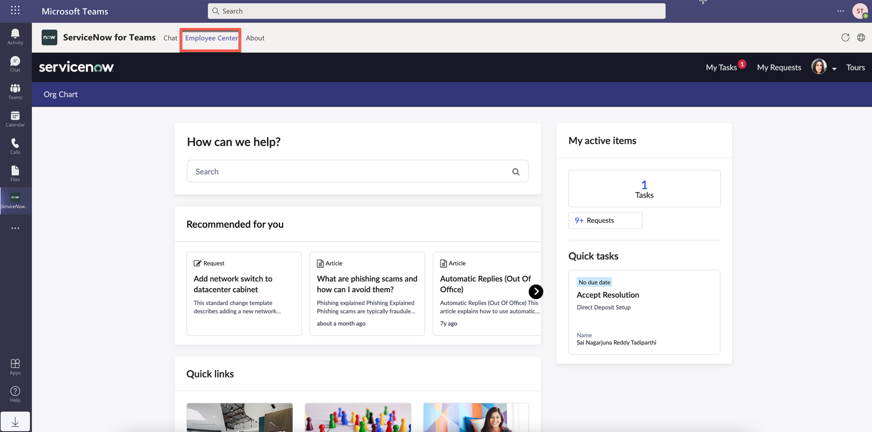 Registerkarte „Employee Center“ in Microsoft Teams