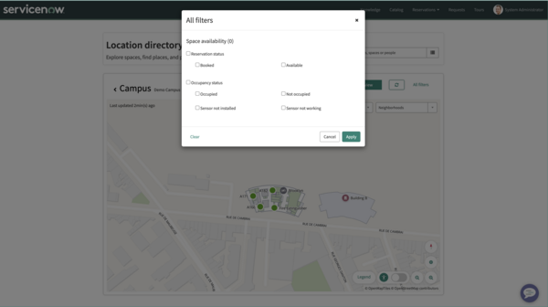 Bereich „Alle Filter“, in dem der Reservierungs- und Belegungsstatus angezeigt wird.