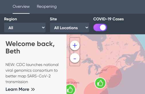Safe&nbsp;Workplace-Dashboard mit Umschalter „Covid-19-Fälle“ zur Anzeige globaler Pandemiedaten.