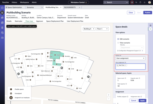 Bereich „Szenario bearbeiten“ mit Option zum Ändern von Arbeitsplatz-Anwenderzuweisungen.