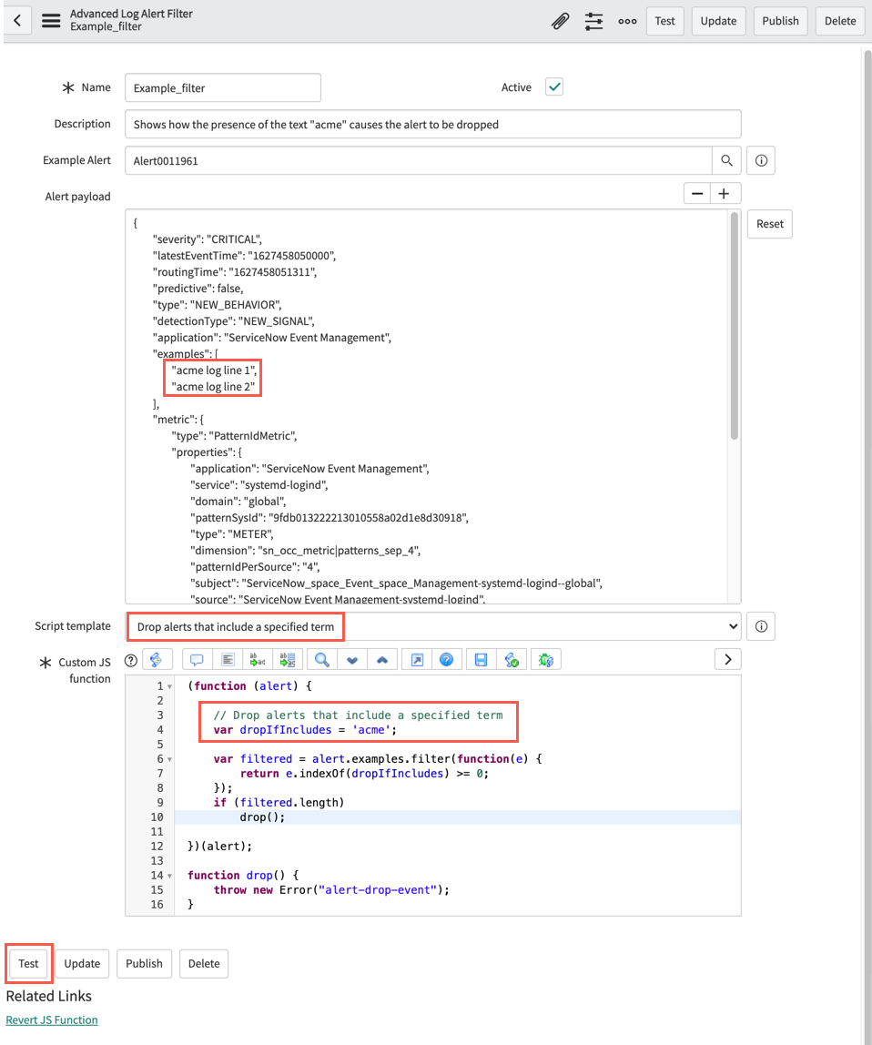 Testing the JavaScript to determine whether to allow or drop the alert.