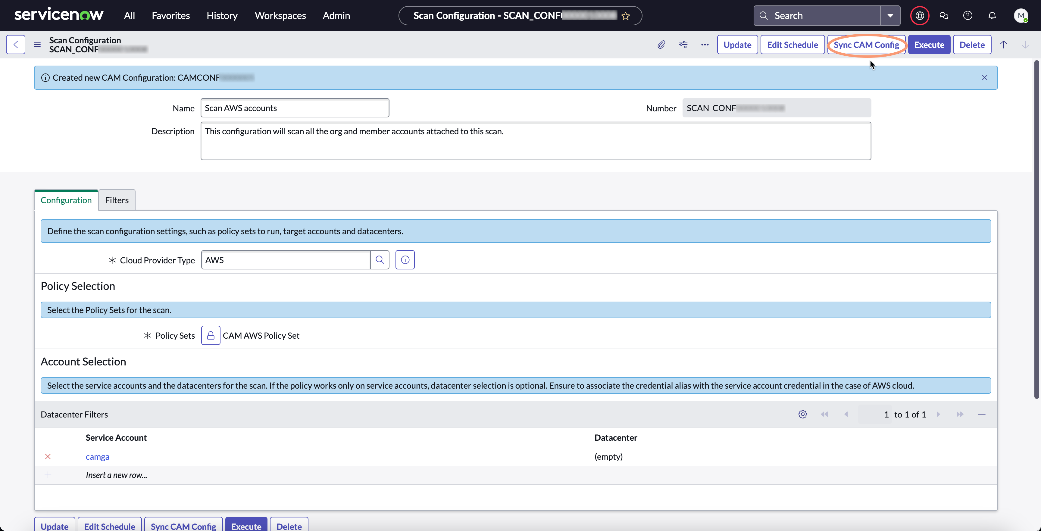 Sync Cloud Account Management Config button on the Scan Configuration page