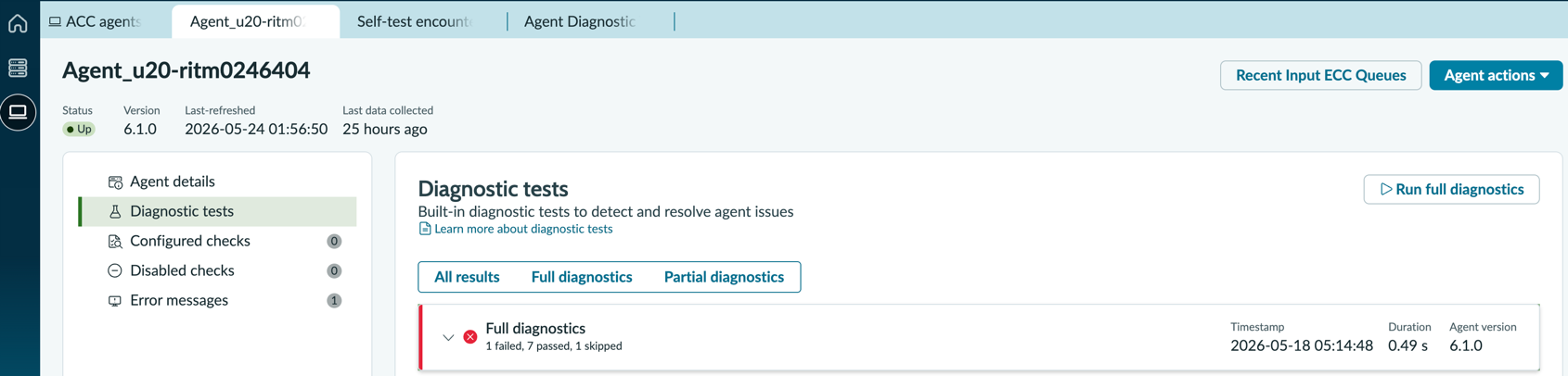 Diagnostic tests for an agent