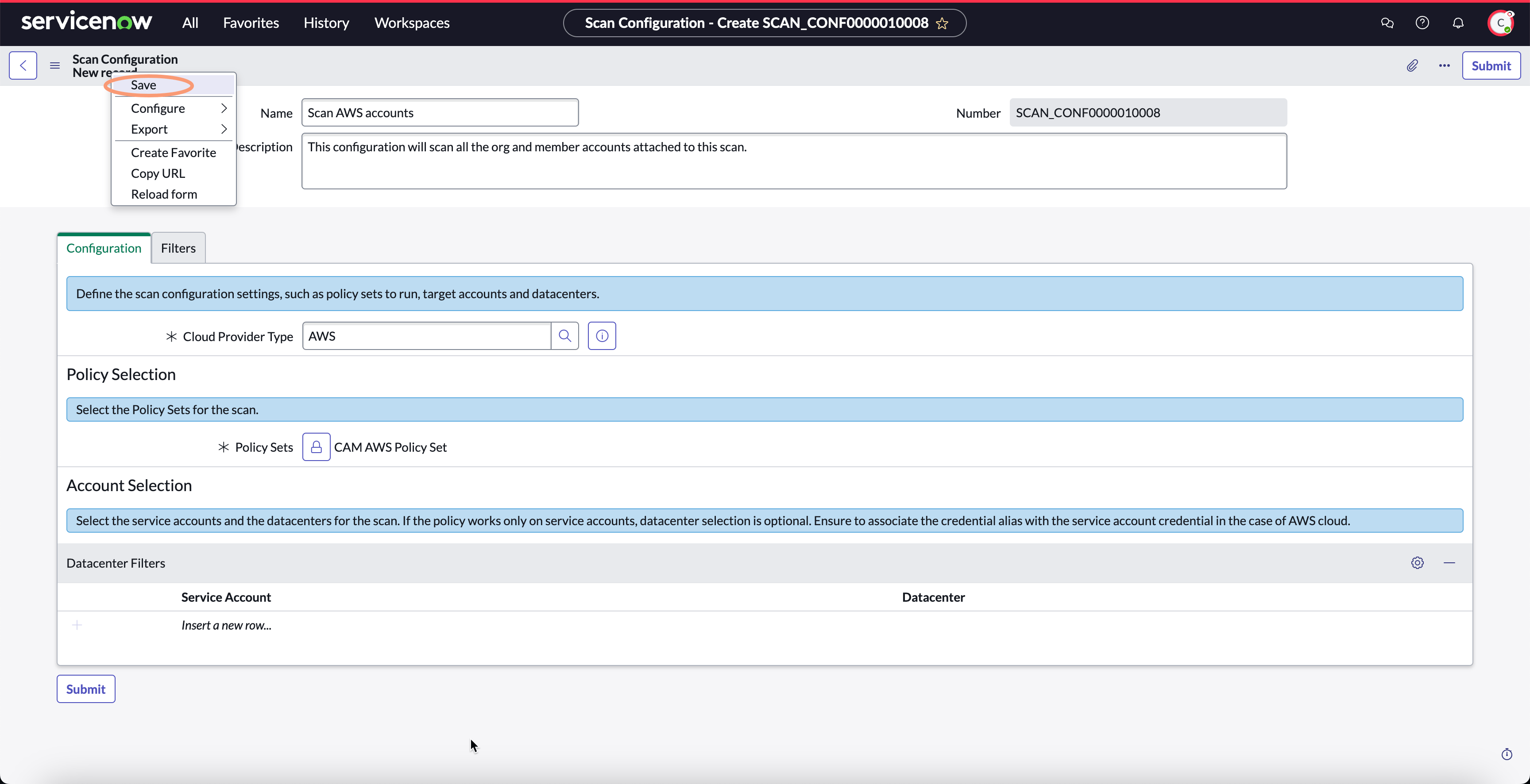 Save Cloud Configuration Governance Scan Configuration