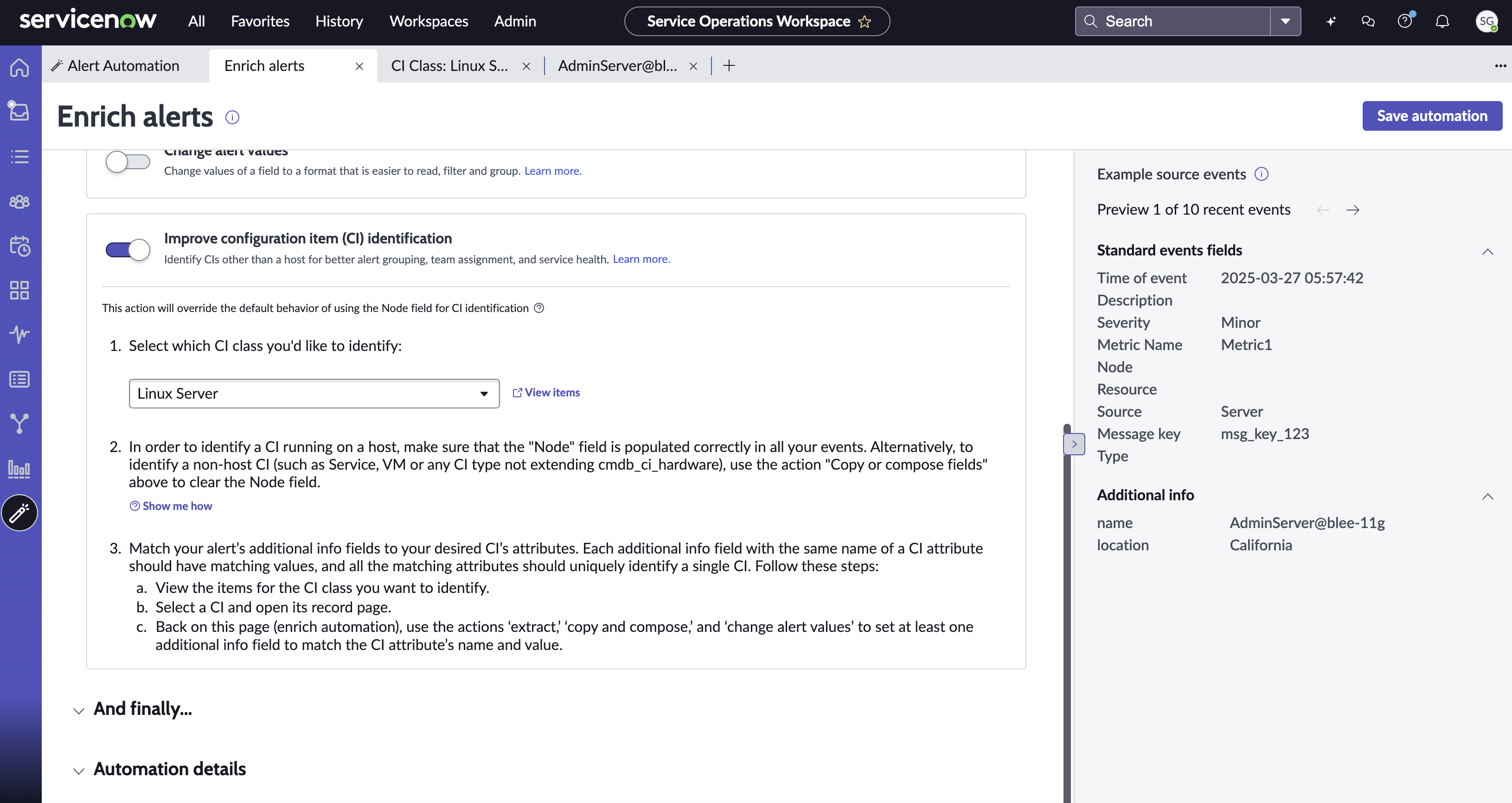Fields and its corresponding values from the CI details page appear in the Additional info field of the alert.
