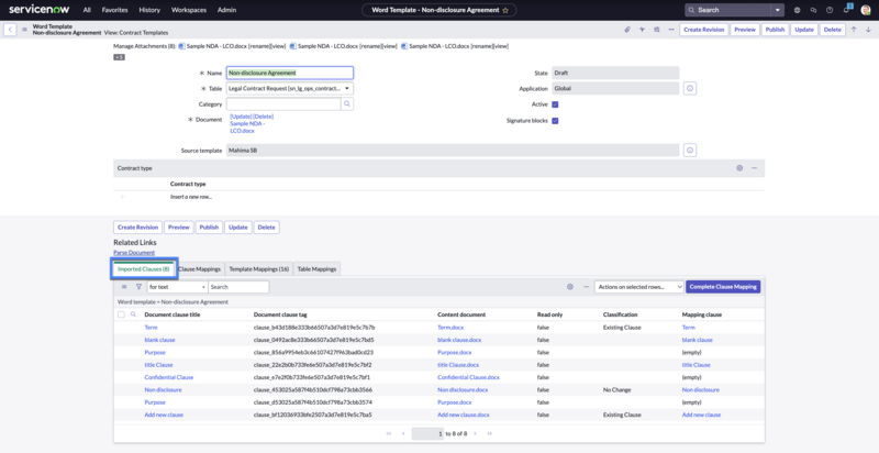 ServiceNow から追加されたマッピングされた条項契約アドインがインスタンスに同期されます