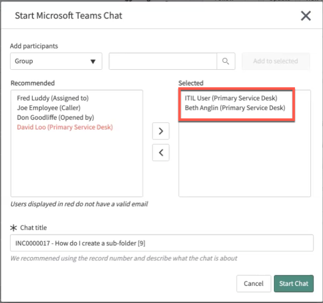 [Microsoft Teams チャットを開始] モーダル