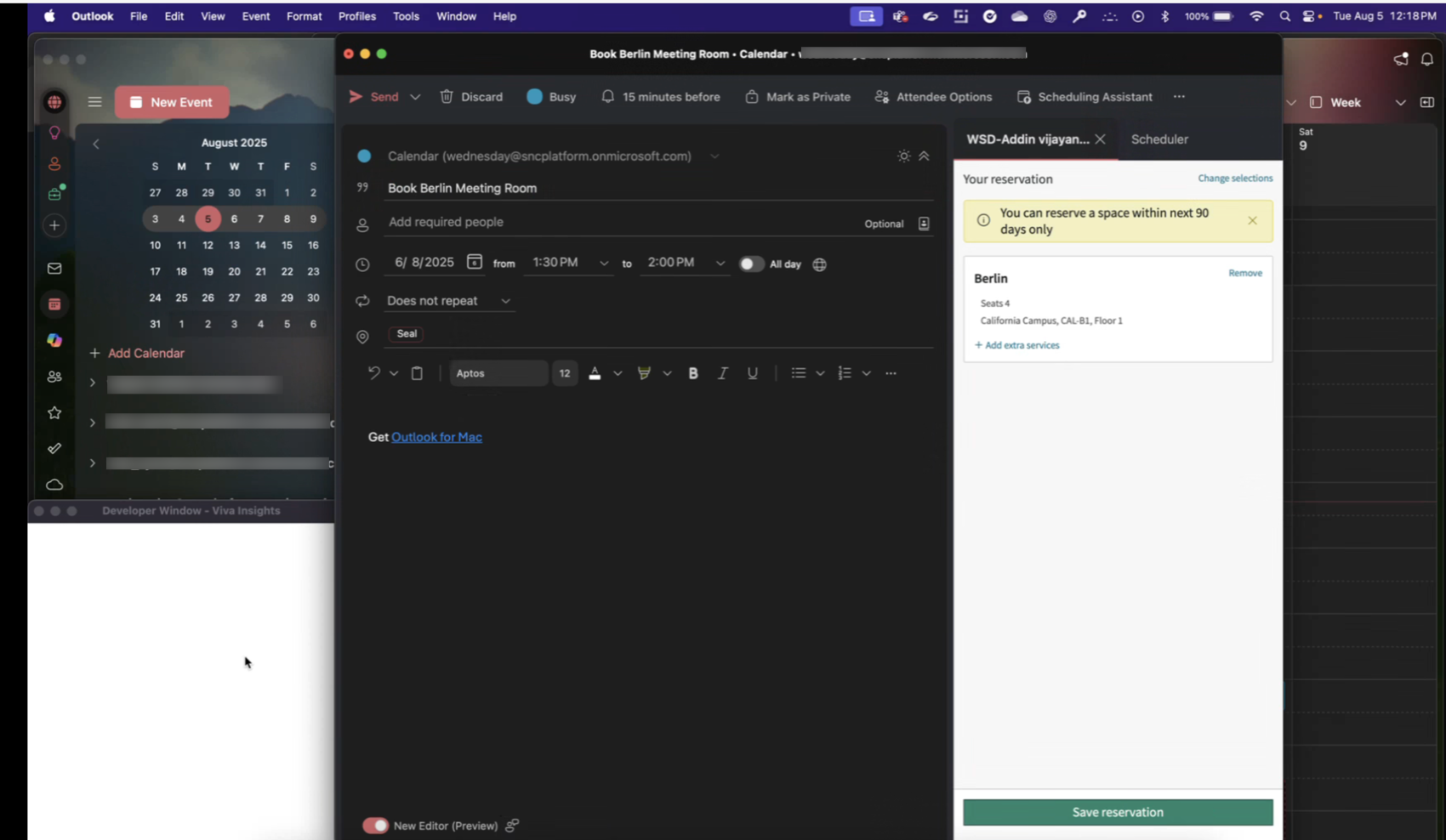 Microsoft Outlook アドインに予約を保存する