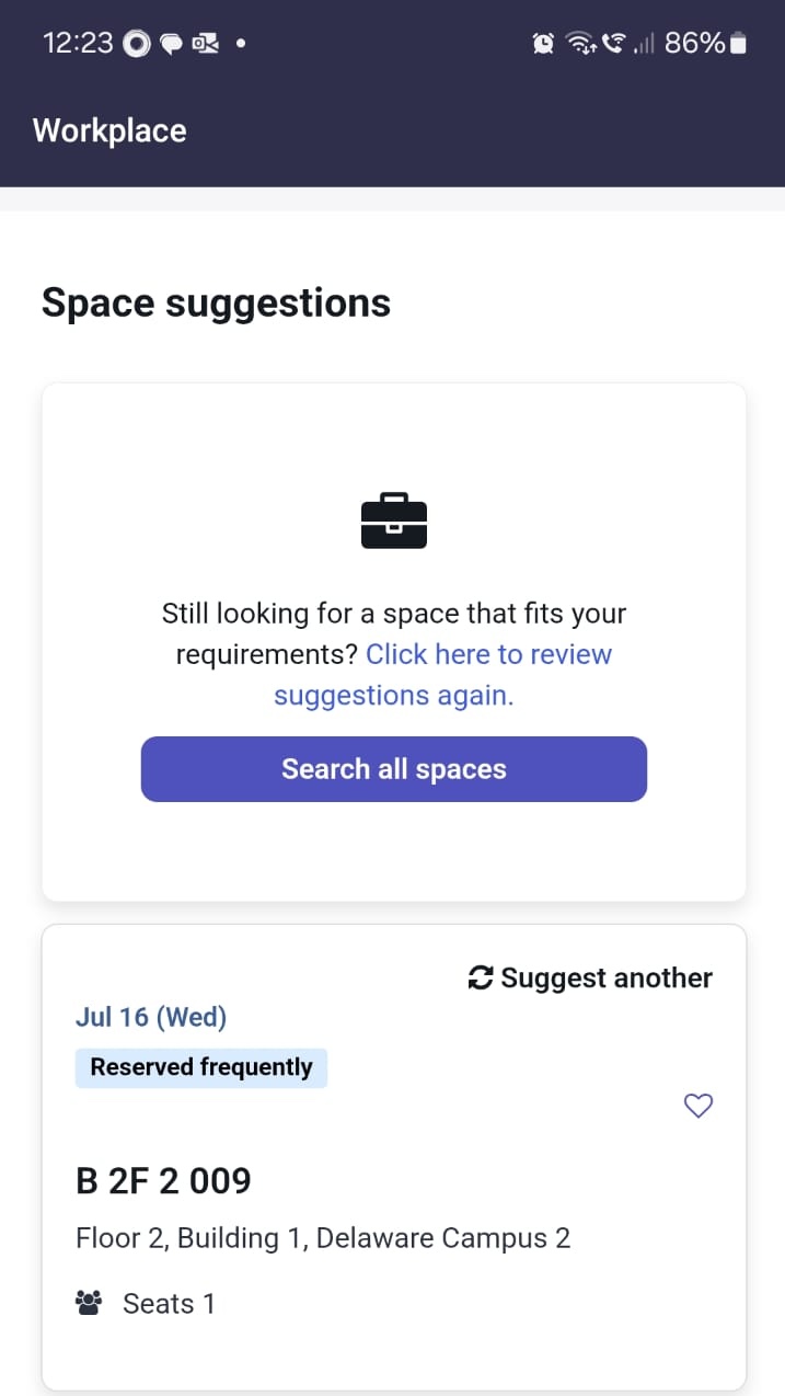 レビューの提案と [すべてのスペースを検索] オプションが表示された [スペース提案]
