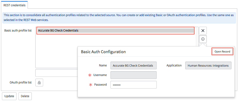 [Accurate BG Check Credentials] (Accurate 経歴チェック認証情報) レコードを開きます。
