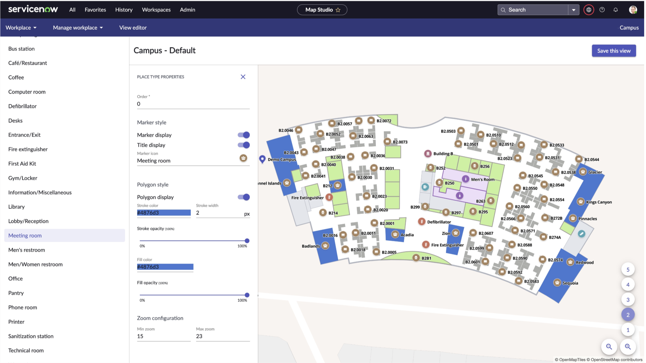 建物、フロア、場所タイプを含む敷地を表示するインドアマッピングの Map Studio。