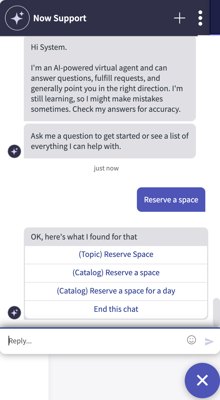 スペースを予約するオプションが表示されている WSD 向け Now Assist 会話型インターフェイス。