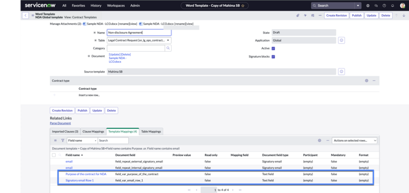 契約アドインから追加されたメタデータマッピング ServiceNow インスタンスに同期されます。