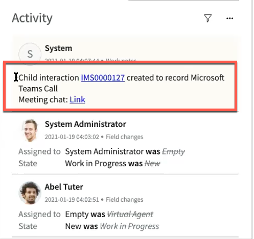 エージェントワークスペースでのインシデントのアクティビティ