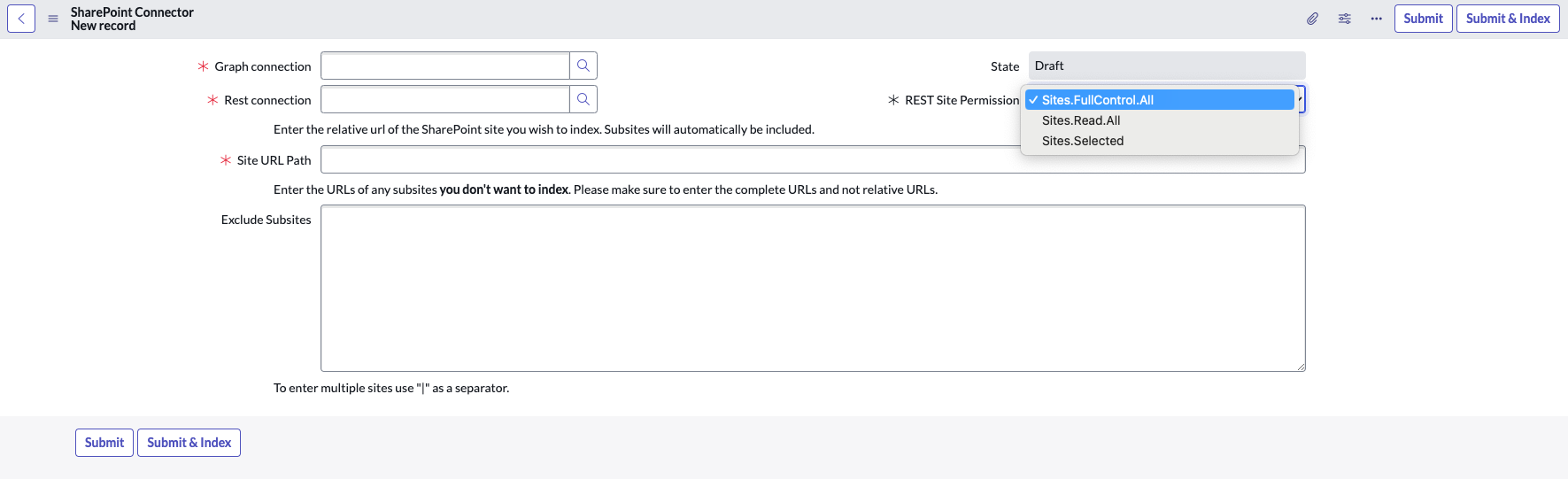 REST 接続セットアップのサイト権限表示のオプション。