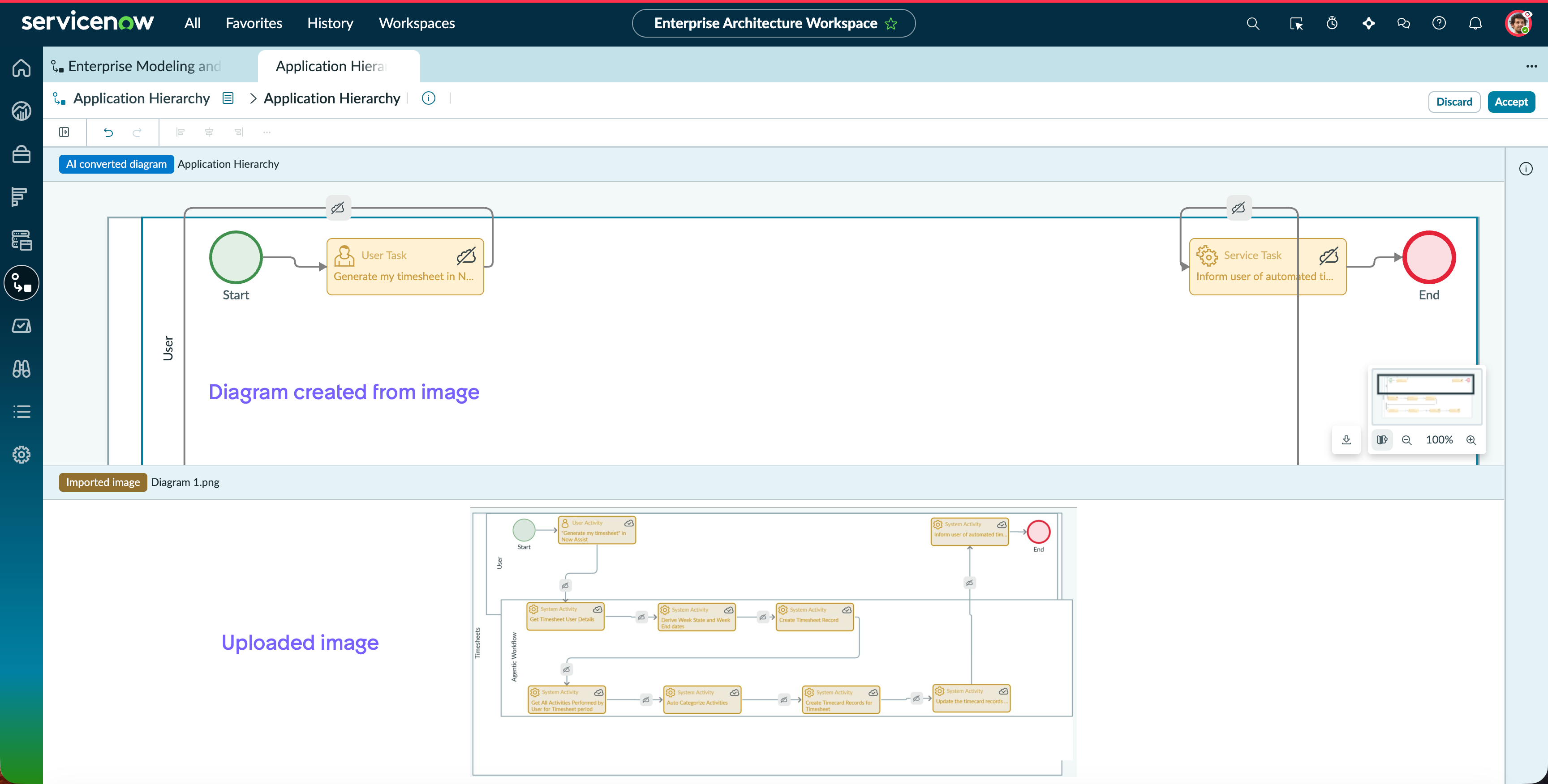 Screenshot comparing an AI-generated BPM diagram in the upper pane and the uploaded source image in the lower pane.