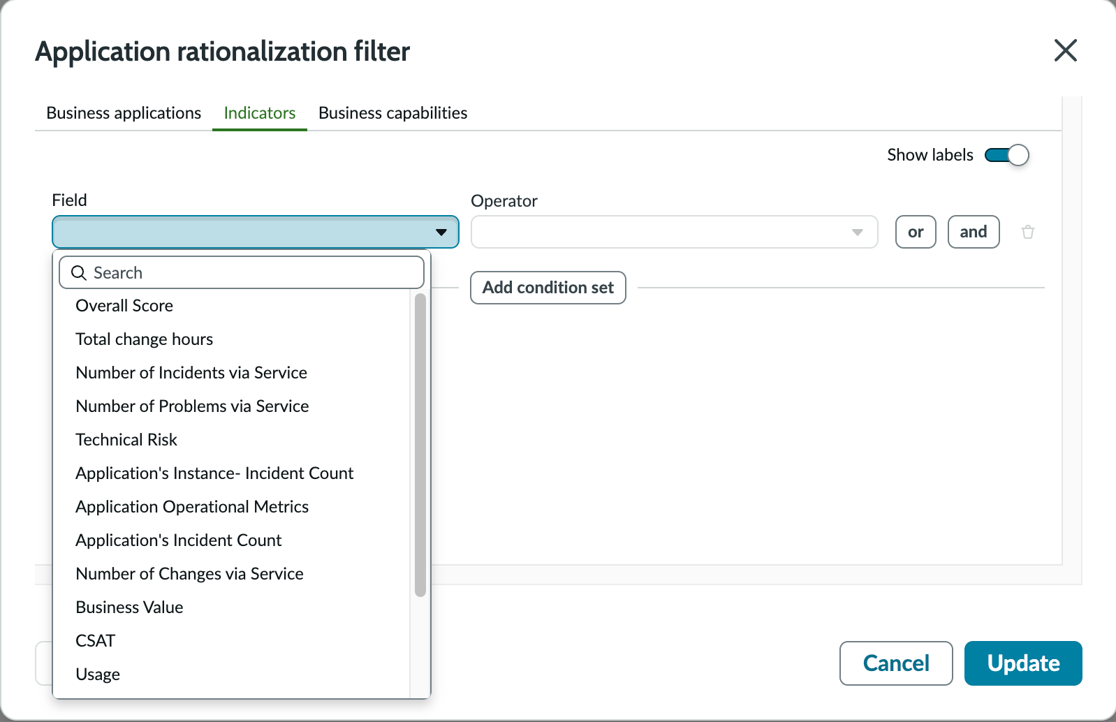 Application rationalization filter pop-up window with field drop-down displayed.