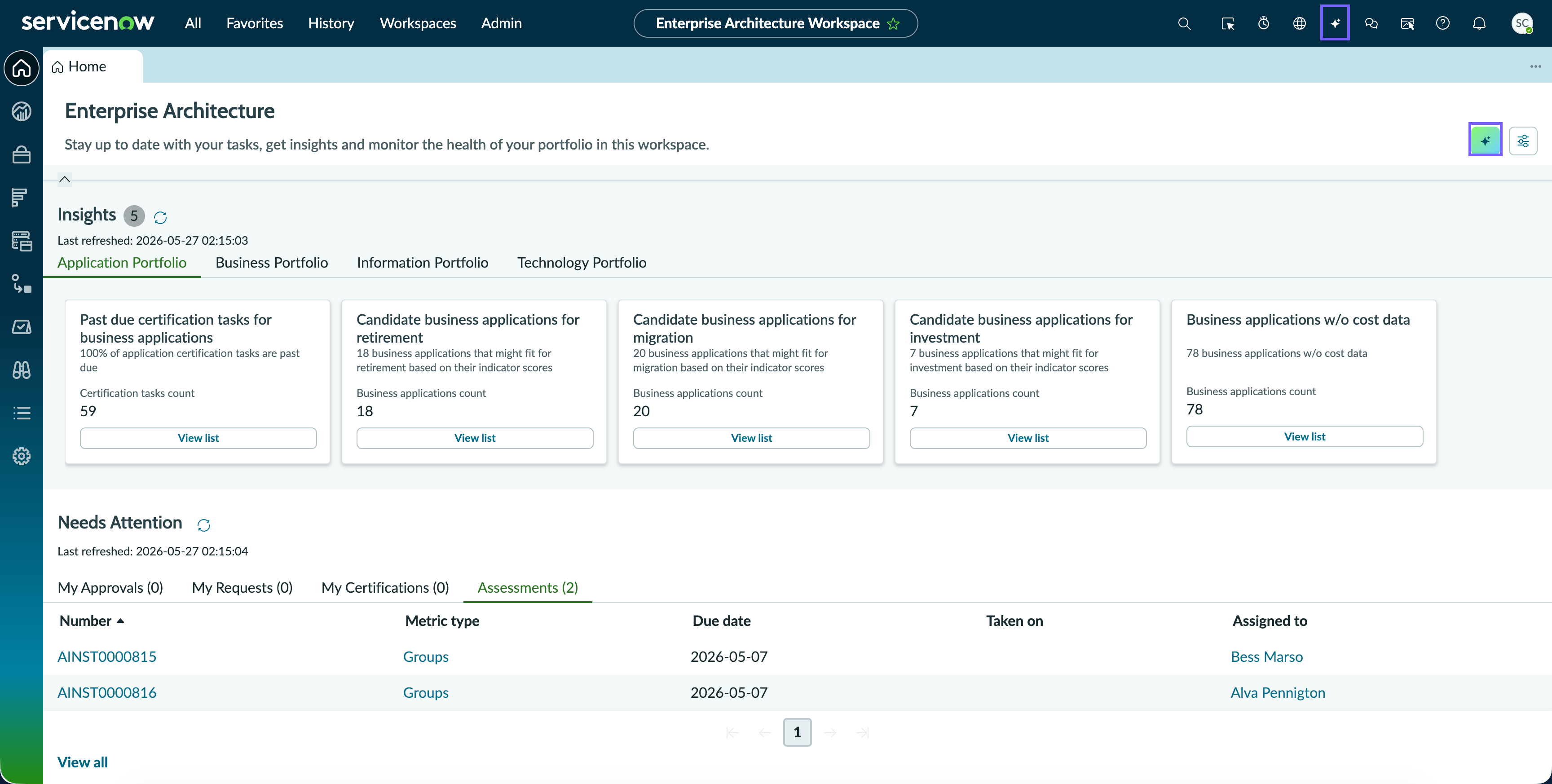 The Enterprise Architecture Workspace home page with the Now Assist icon and Ask Now Assist icons highlighted.