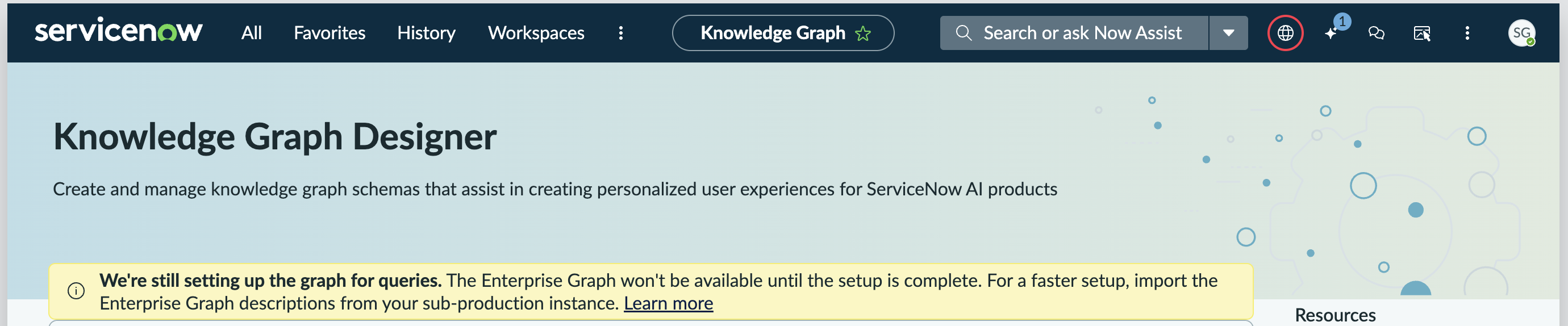 Knowledge Graph Designer page showing a setup-in-progress notification banner indicating the Enterprise Graph is not yet available for queries.