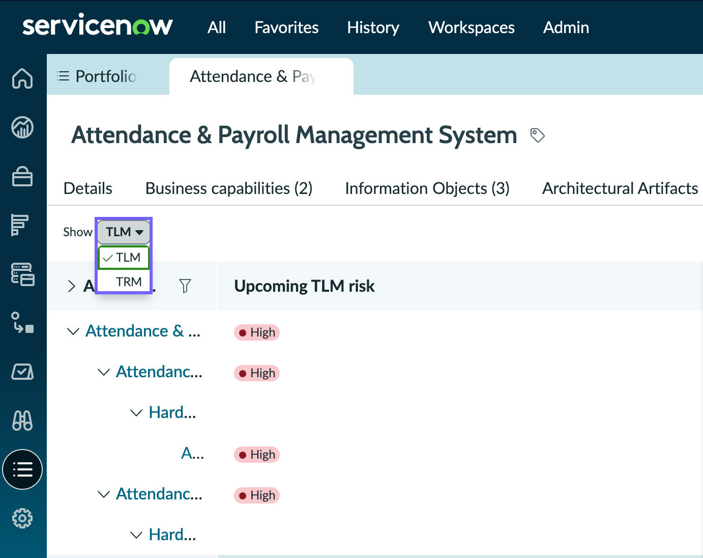 Show list displaying the TRM option.