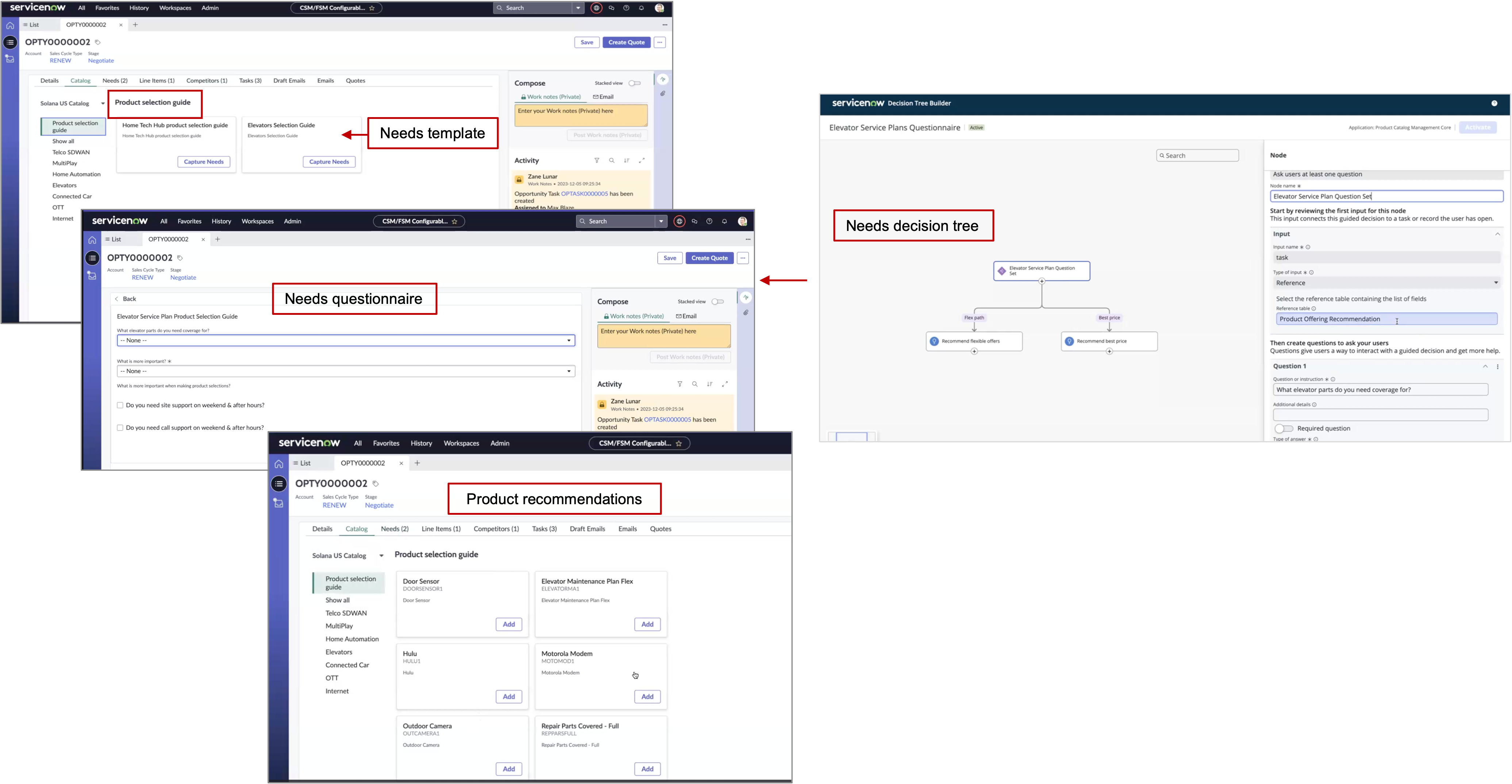 Product catalog page with needs template, needs questionnaire and product recommendations in Opportunity Management, and decision tree start node in Decision Tree Builder