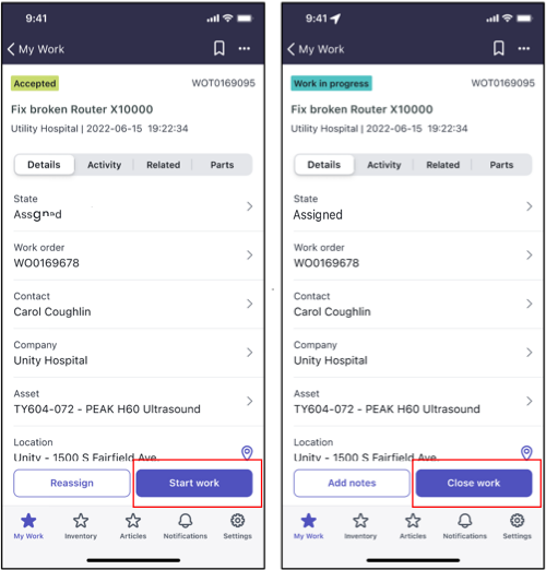 Botões Iniciar e Parar usados no rastreamento de local baseado em ação.