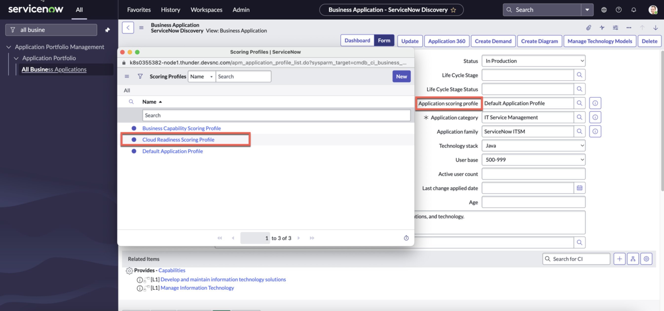 Applying the APM Cloud Assessment scoring profile to a business application