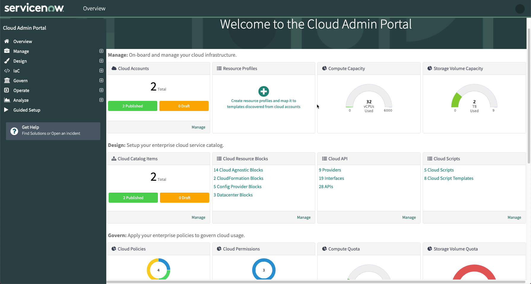 Page vue d'ensemble portail d'administration du cloud