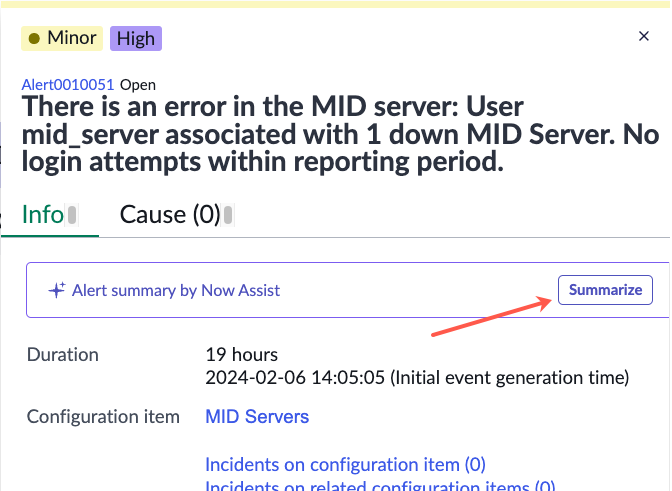 Bouton Synthétiser dans le résumé de l’alerte par Now Assist.