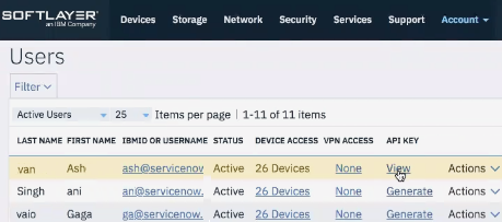 Page Utilisateurs Softlayer