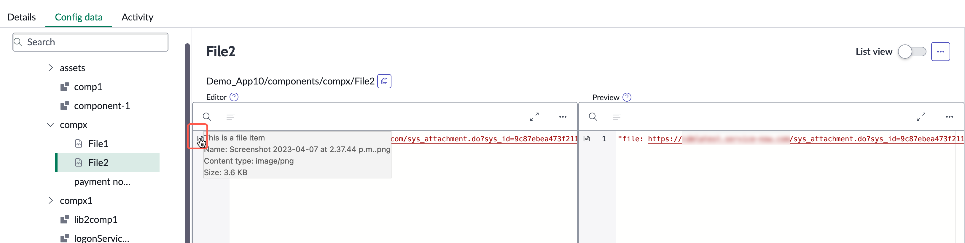 A file node added to a component node.