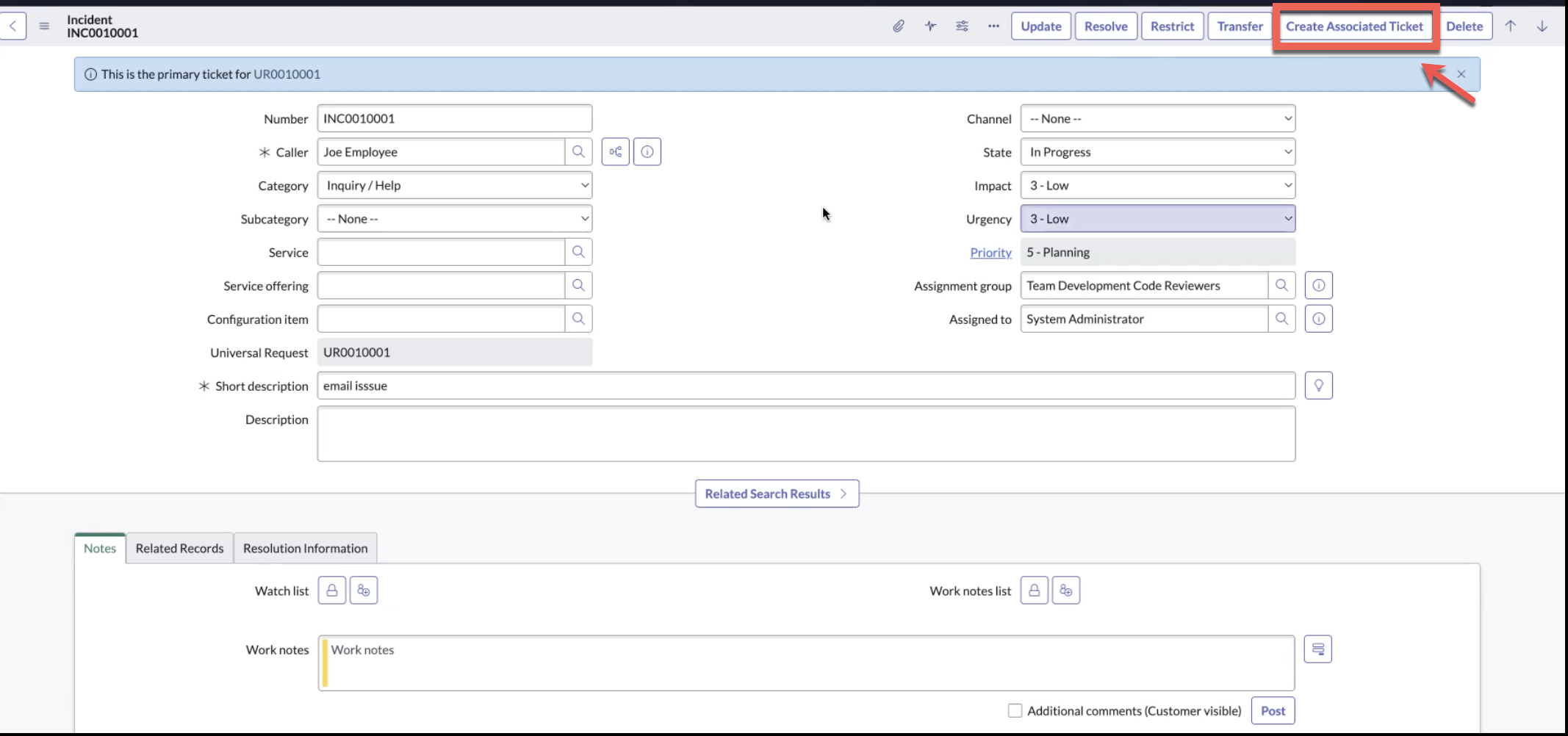 Create associated ticket from incident