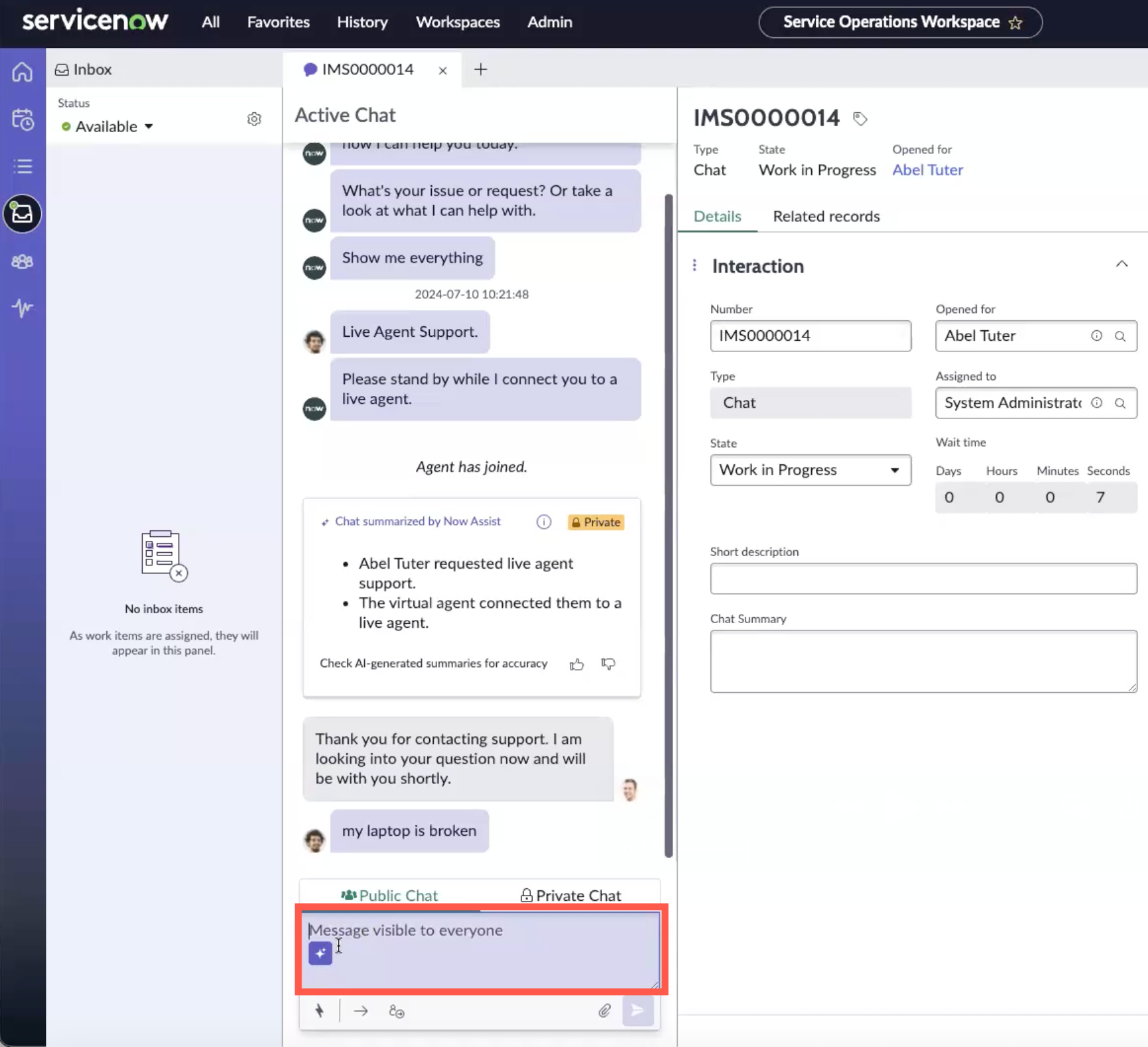 Chat message window with Now Assist option.