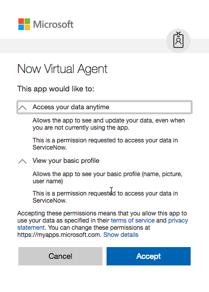 Der Berechtigungsbildschirm der App Now Virtual Agent.