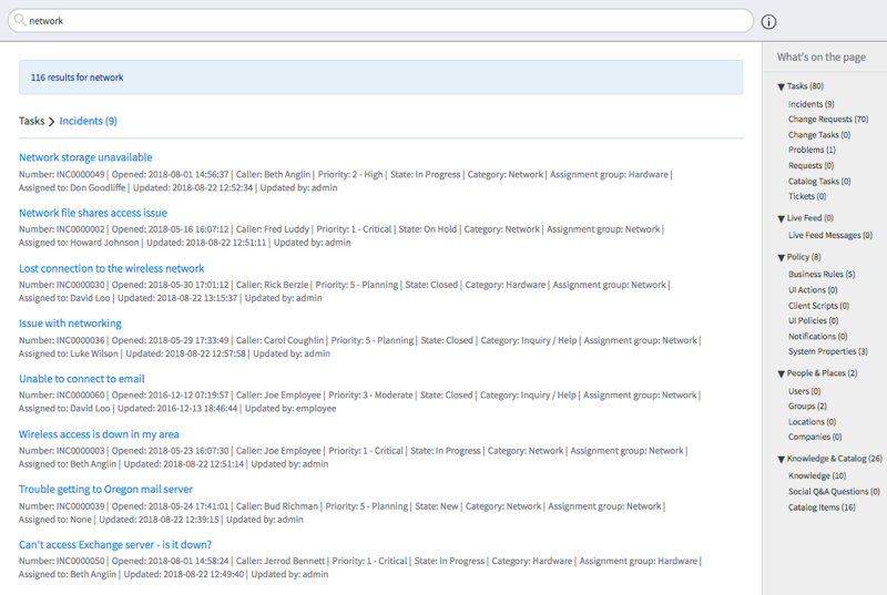 Suchergebnisse mit Name der Aufgabensuchgruppe und Name der Incidents-Tabelle.