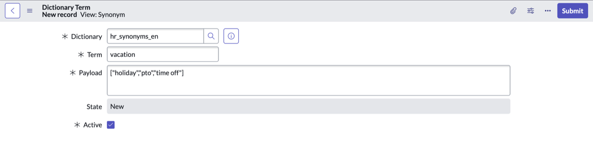 Das neue Datensatzformular KI-Suche Wörterbuchbegriff in der Synonymansicht zeigt „ Begriff auf Urlaub “ und „ Nutzlast “ auf ["Holiday","pto","time off"].