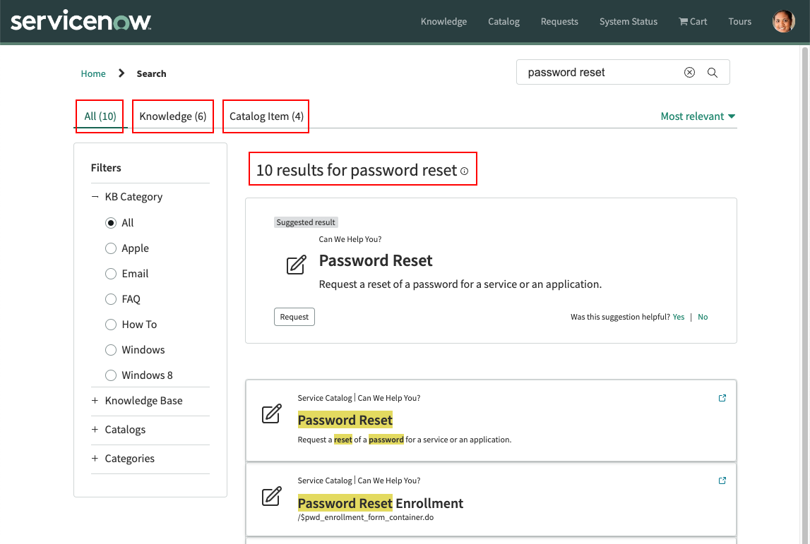 Serviceportal Ergebnisseite mit Ergebnisanzahlen vor der Ergebnisliste und in Navigationsregisterkarten