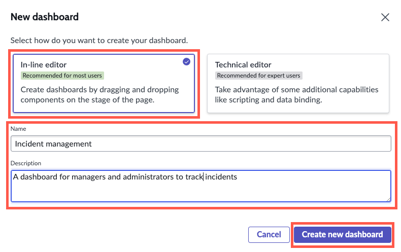 Create new inline dashboard modal